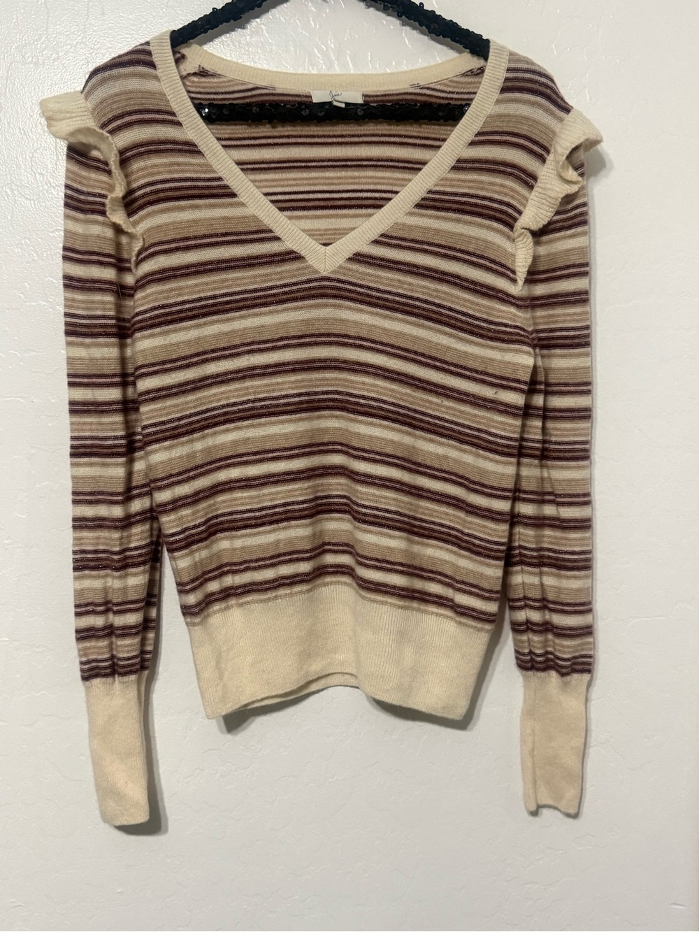 Joie Cream Sweater with Brown & Burgundy Stripes V-Neck